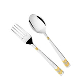 Stylish silver fork and spoon set with intricate gold chevron pattern on white background.